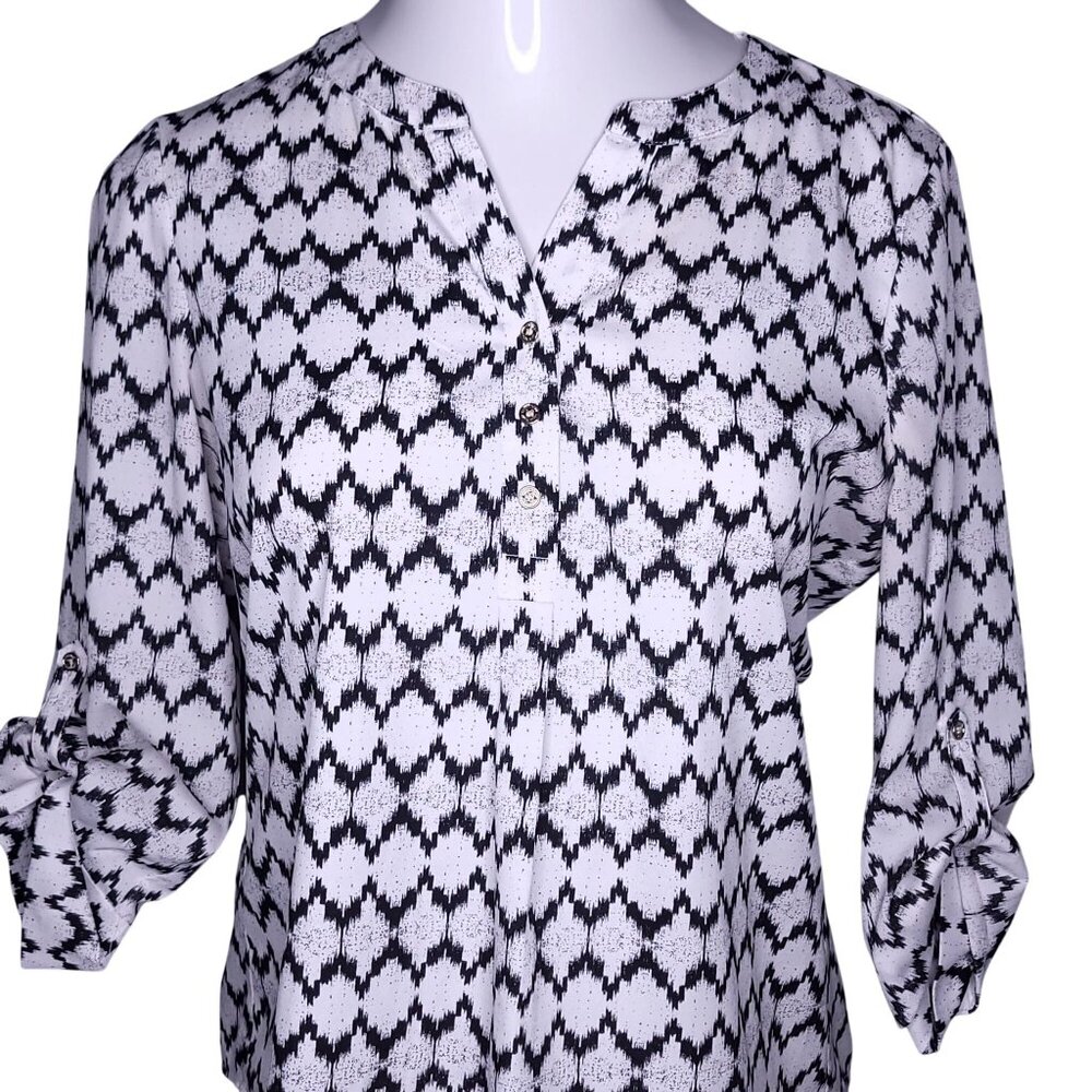 Ivanka Trump Womens Blouse Medium Black White Geometric Print Convertible Sleeve